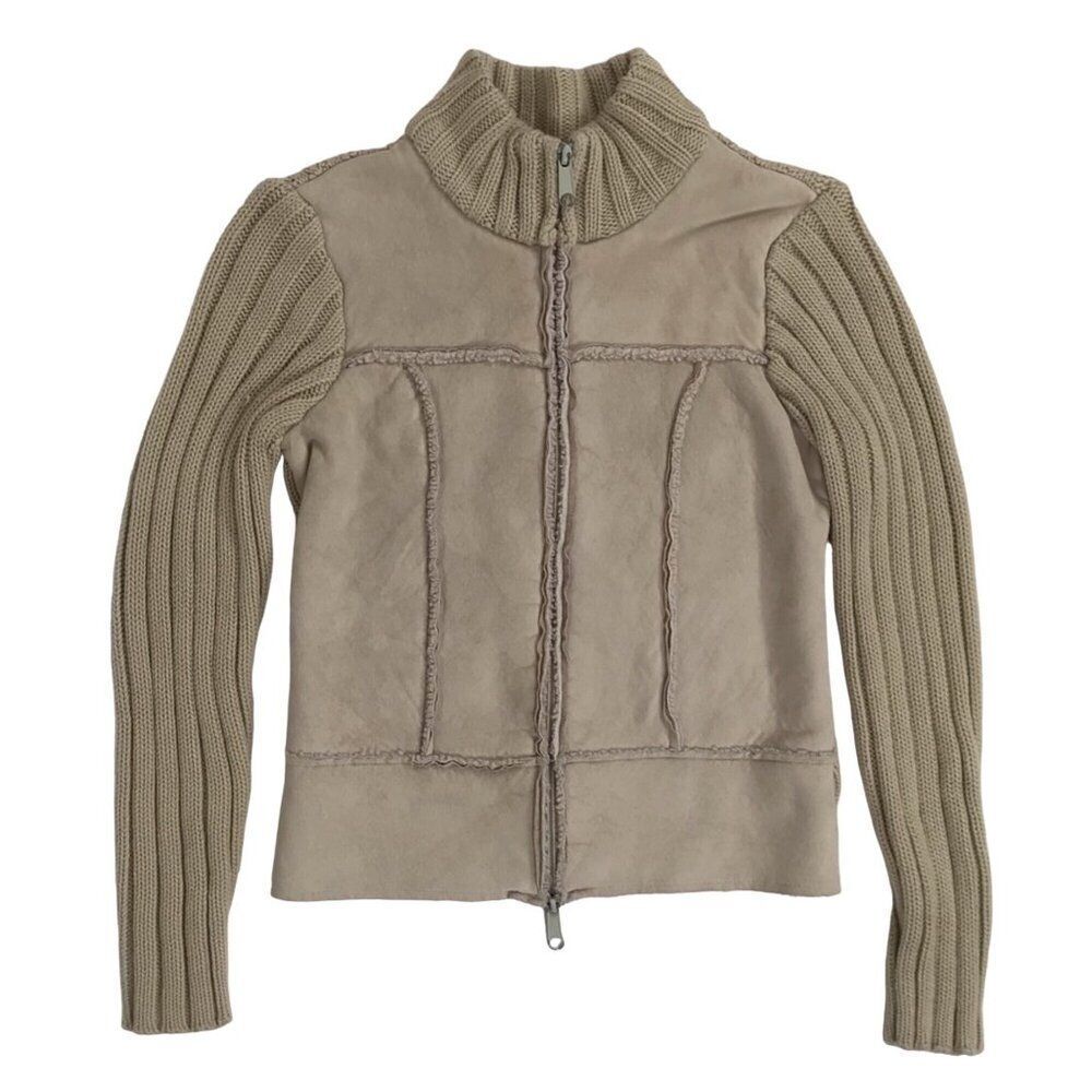 Women's Vintage Y2K Beige Boho Hippie Patchwork Knit Faux Suede Fitted Jacket /S - Picture 6 of 8